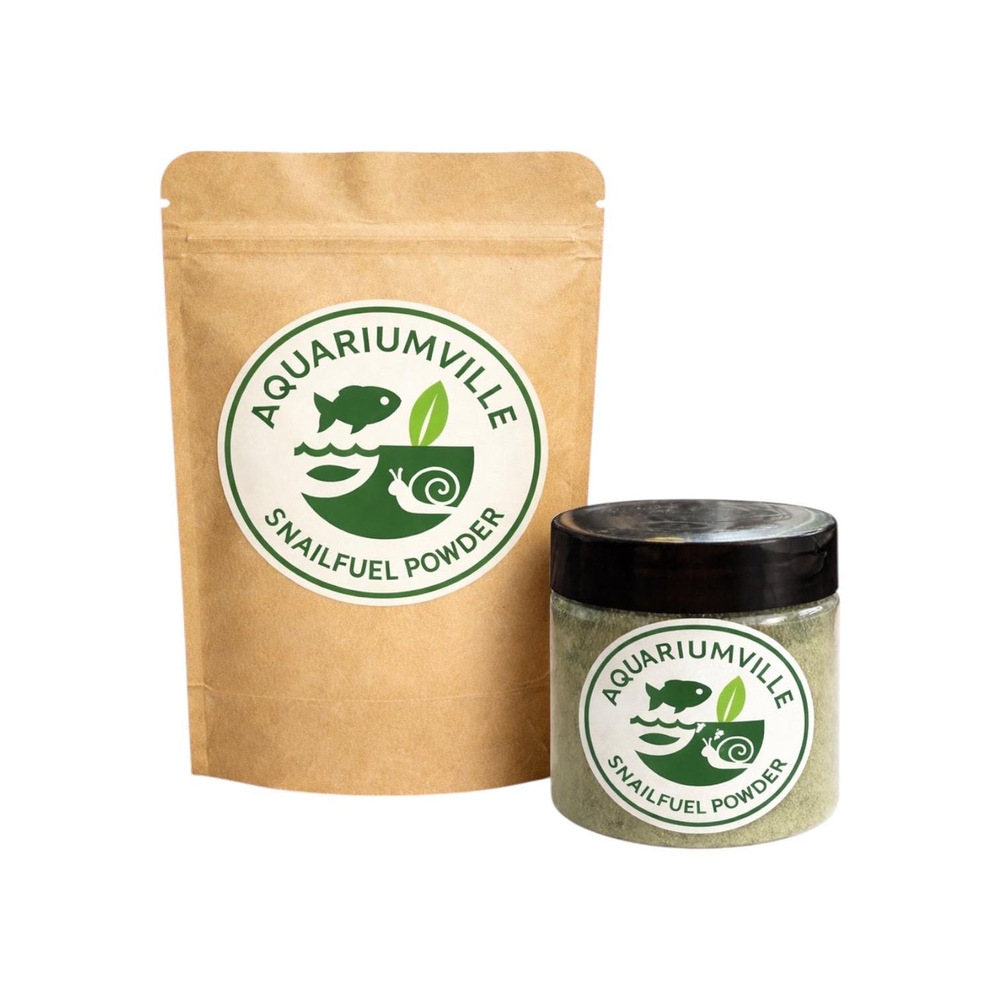 AquariumVille SnailFuel Powder in clear jar with black lid on white background, calcium enriched snail and shrimp food for freshwater aquariums