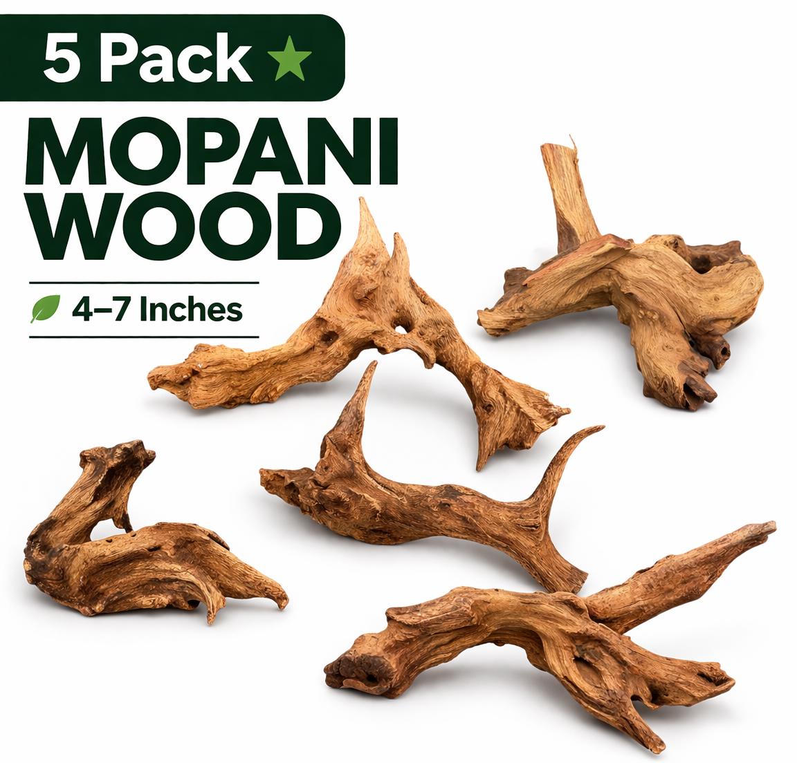 5 pack Mopani wood aquarium driftwood 4–7 inches, natural aquascaping wood set on white background, assorted shapes for fish tanks, aquariums, shrimp tanks, and terrariums