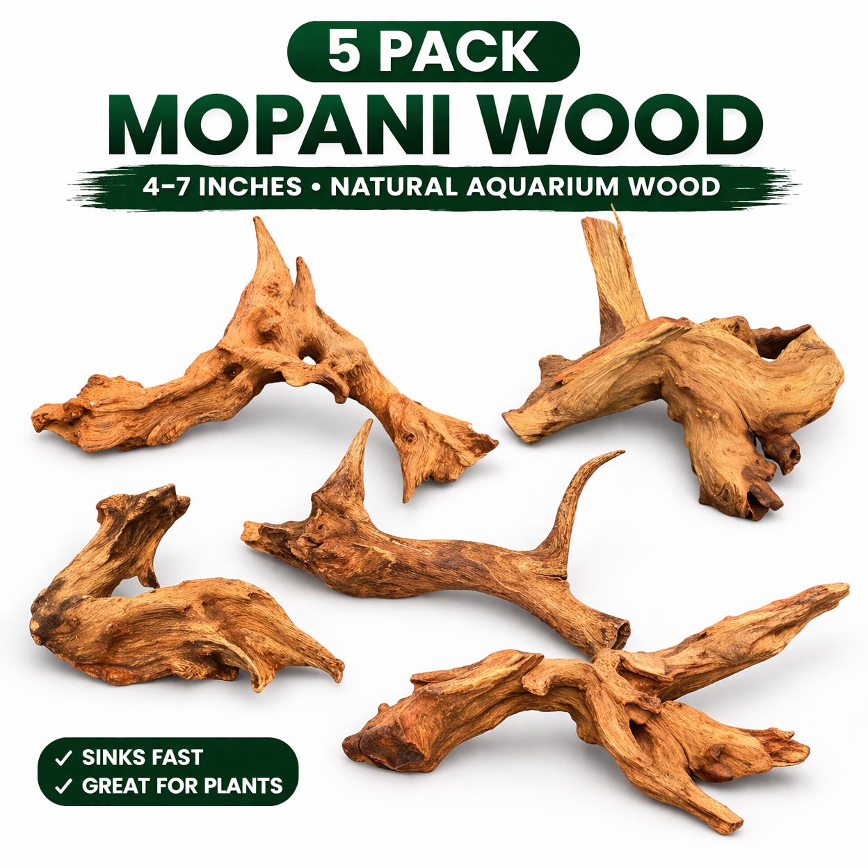 5 pack Mopani wood aquarium driftwood 4–7 inches, natural aquascaping wood pieces with “sinks fast” and “great for plants” features, ideal for fish tanks, aquariums, and terrariums on white background