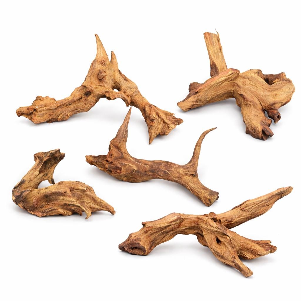 5 pack Mopani wood aquarium driftwood 4–7 inches, natural aquascaping wood pieces on white background, assorted shapes for fish tanks, terrariums, and aquascape layouts