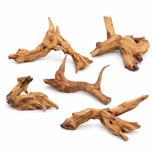 5 pack Mopani wood aquarium driftwood 4–7 inches, natural aquascaping wood pieces on white background, assorted shapes for fish tanks, terrariums, and aquascape layouts