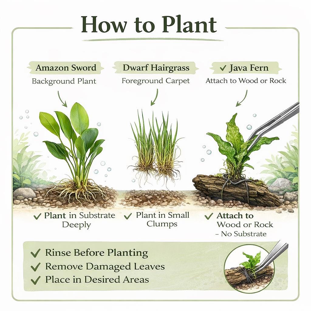 How to plant aquarium plants infographic showing Amazon sword in substrate, dwarf hairgrass planted in clumps, and java fern attached to wood or rock