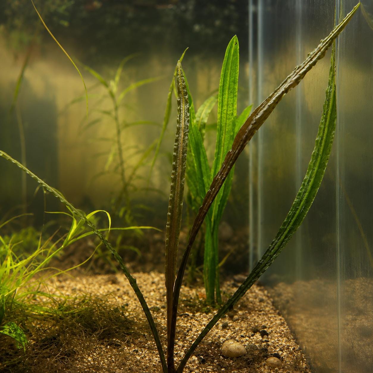 Crypt Spiralis (Cryptocoryne spiralis) live aquarium plant growing in sandy substrate, featuring long, narrow, textured leaves with a distinctive spiral appearance, ideal for background planting.