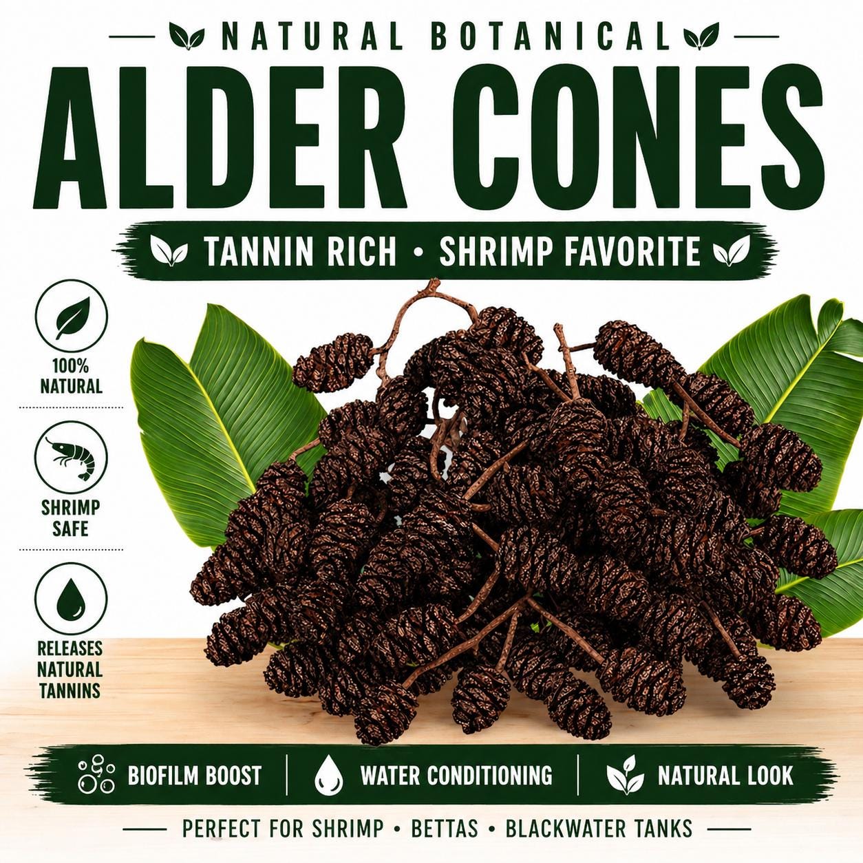 Alder cones for aquariums with natural tannin benefits, shown with green leaves and labels for shrimp-safe, biofilm support, and blackwater tanks.