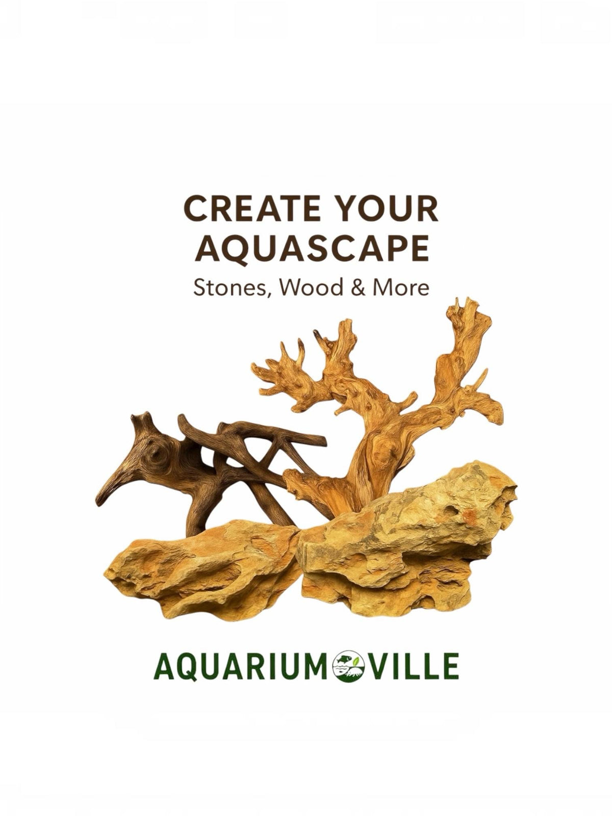 AquariumVille aquascaping display featuring natural driftwood and aquarium stones with “Create Your Aquascape – Stones, Wood & More” text.