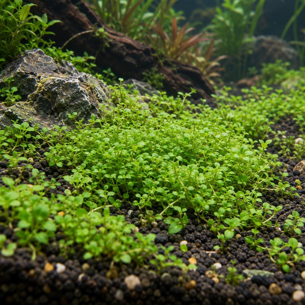 Monte Carlo aquarium plant growing in an uneven green carpet across dark substrate with natural stones and driftwood.