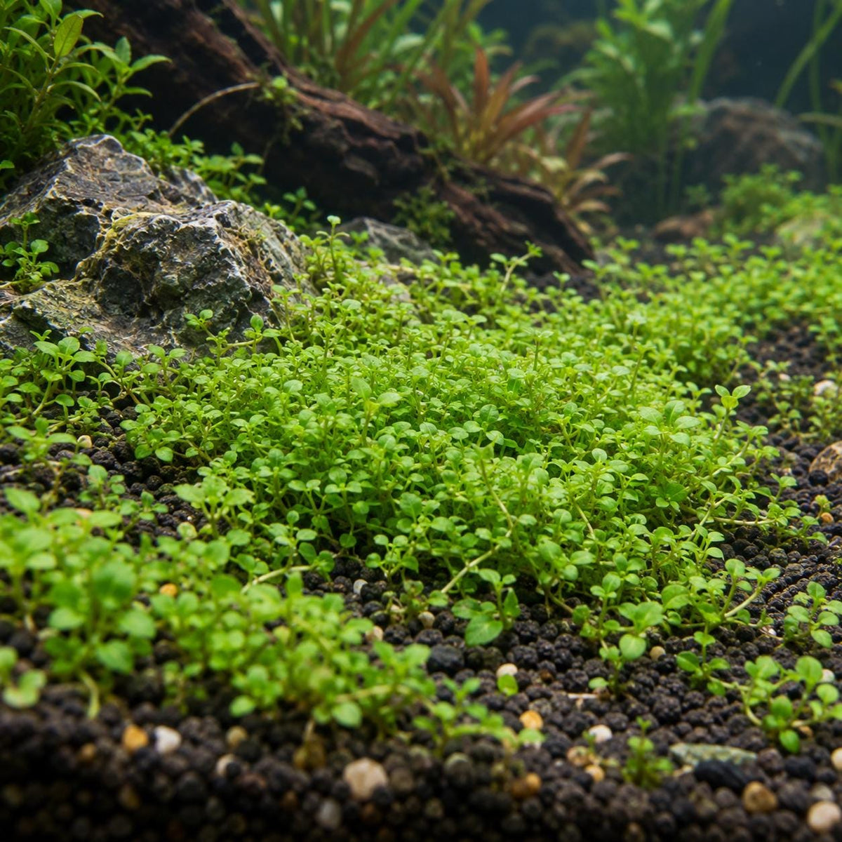 Monte Carlo aquarium plant growing in an uneven green carpet across dark substrate with natural stones and driftwood.