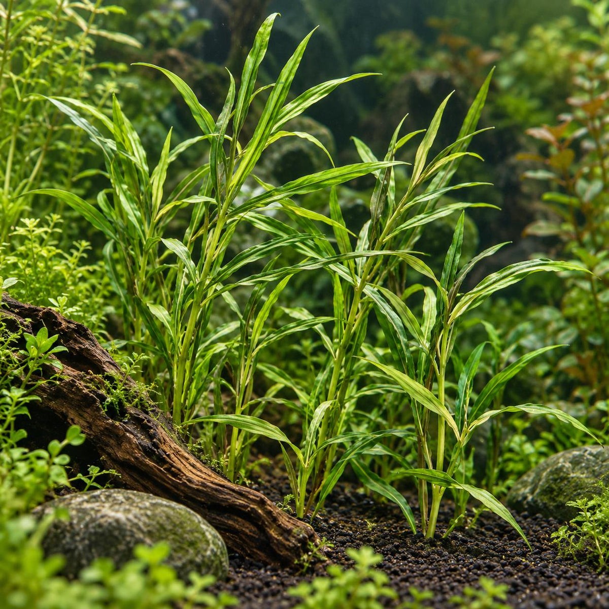 Pogostemon stellatus narrow leaf growing in dark aquarium substrate among driftwood, stones, and green aquatic plants.