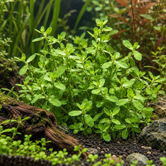 Moneywort growing among dark gravel, driftwood, and stones in a planted freshwater aquarium.