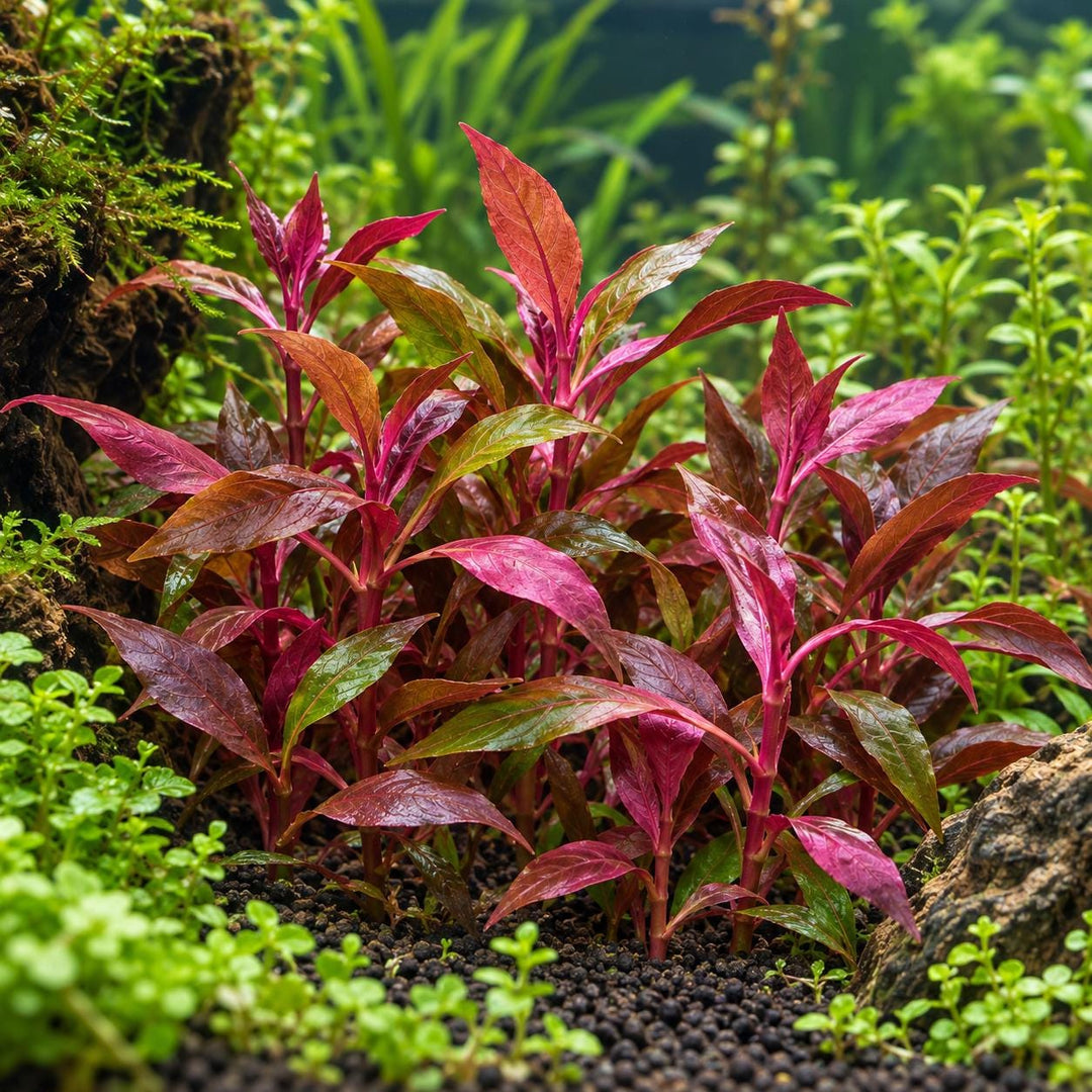 Scarlet Temple aquarium plants with pink-red leaves growing in dark substrate among green aquatic plants.